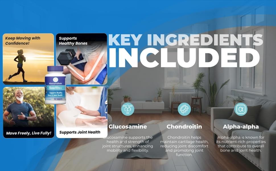 Kurryculum BoneVite+ Glucosamine Chondroitin MSM - Bone & Joint Wellness with Green Lipped Sea Mussel, Devil's Claw & Boron - Knee Hip Back Wellness - Non-GMO Gluten Free Tablets 90