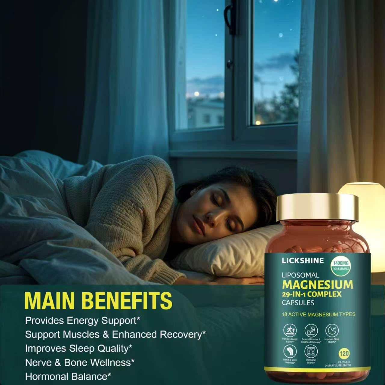 lickshine 29 in 1 1400mg Liposomal Magnesium Complex for Women & Men Supplement with Glycinate Citrate Malate Oxide - 18 Types Magnesium with Vitamin D3, K2, B6, B12 & Coq10 - Support Bone, Muscle, 120 Capsules