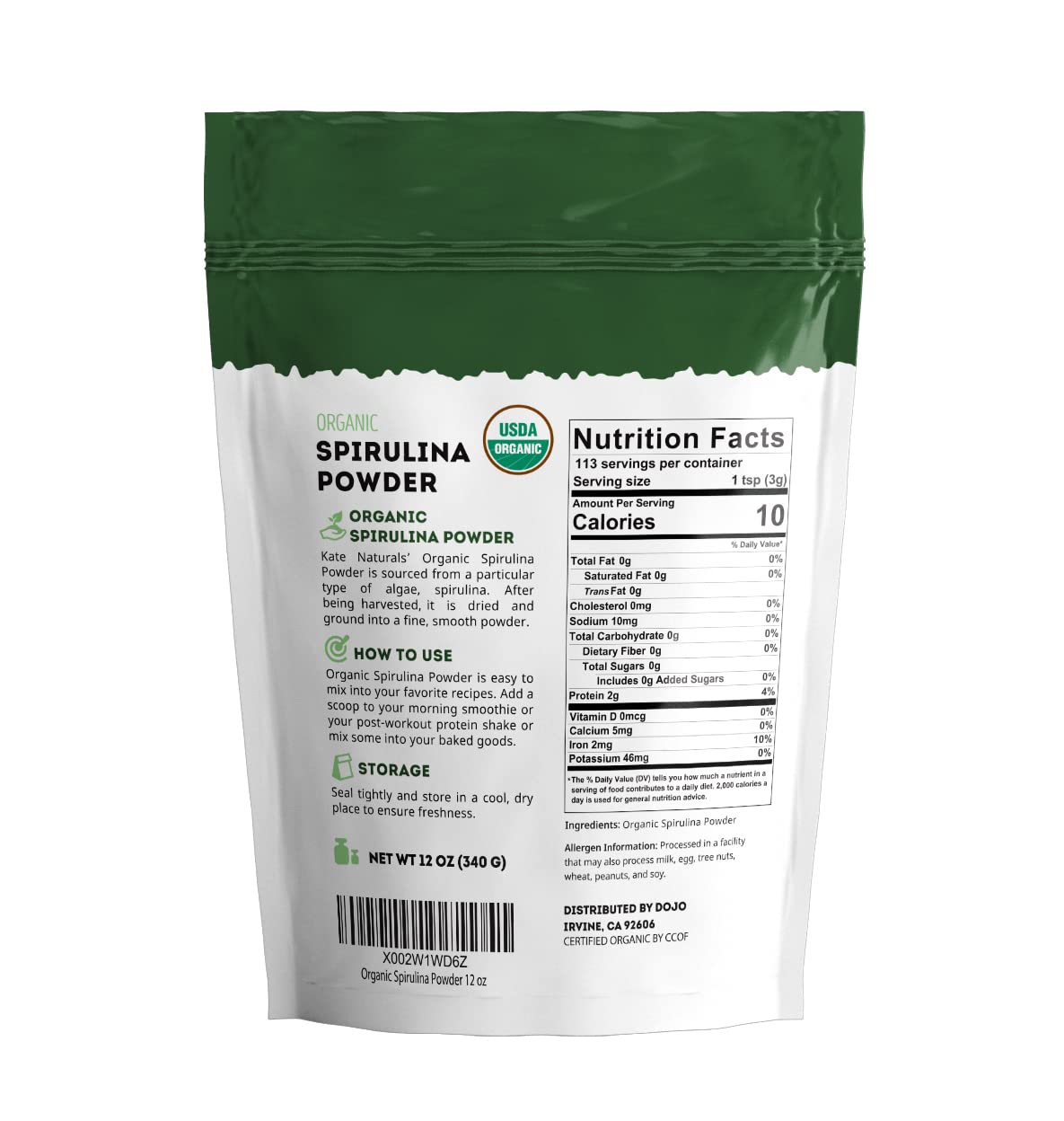 Kate Naturals Organic Spirulina Powder, 12 Ounce