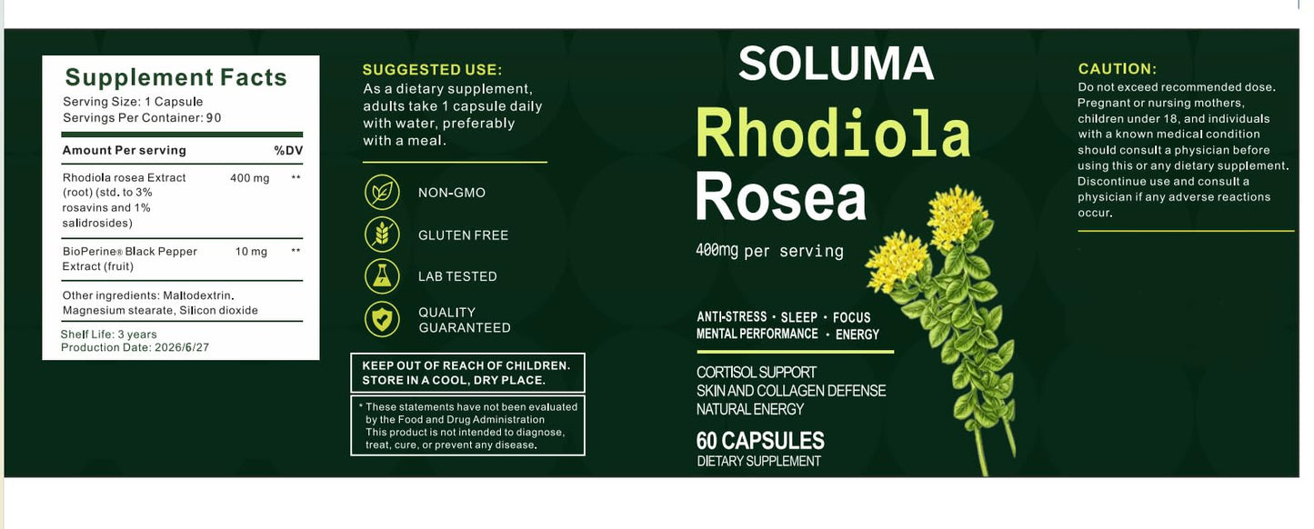 Luetomi Rhodiola Rosea Softgels, 400mg with Bioperine, Non-GMO, 60 Capsules