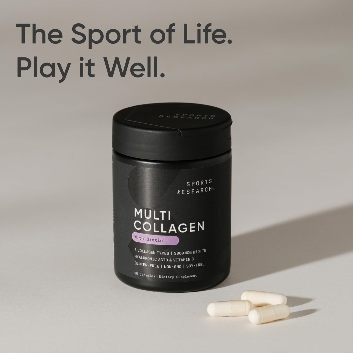 Sports Research Biotin-Infused Collagen Peptides Complex with Hyaluronic Acid – 5 Multi Collagen Types for Hair, Skin & Joint Support, 90 Capsules
