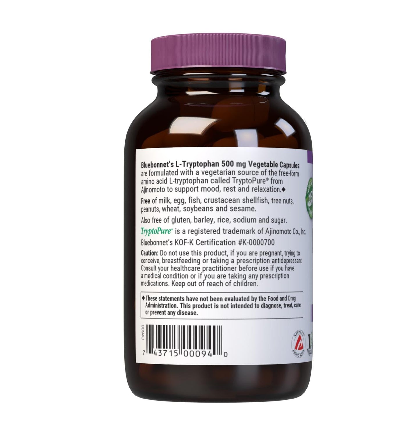 BlueBonnet L-Trypotophan 500mg Capsules, 60 Count