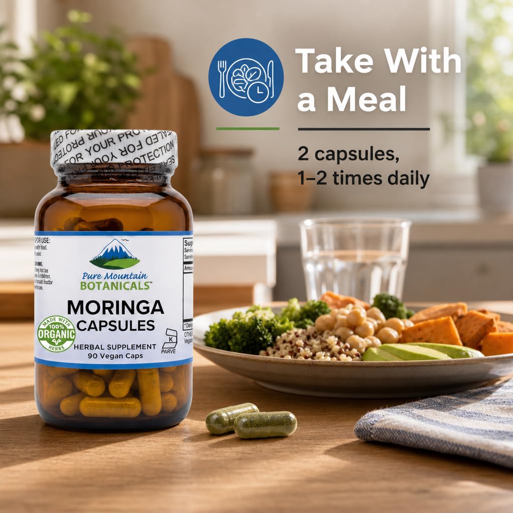 Pure Mountain Botanicals Moringa Capsules 1000mg Organic Moringa Oleifera Leaf, 90 Capsules