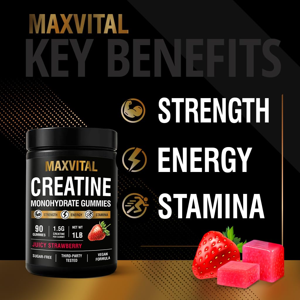 MAXVITAL Creatine Monohydrate Gummies 1500 mg, Juicy Strawberry, 90 Gummies