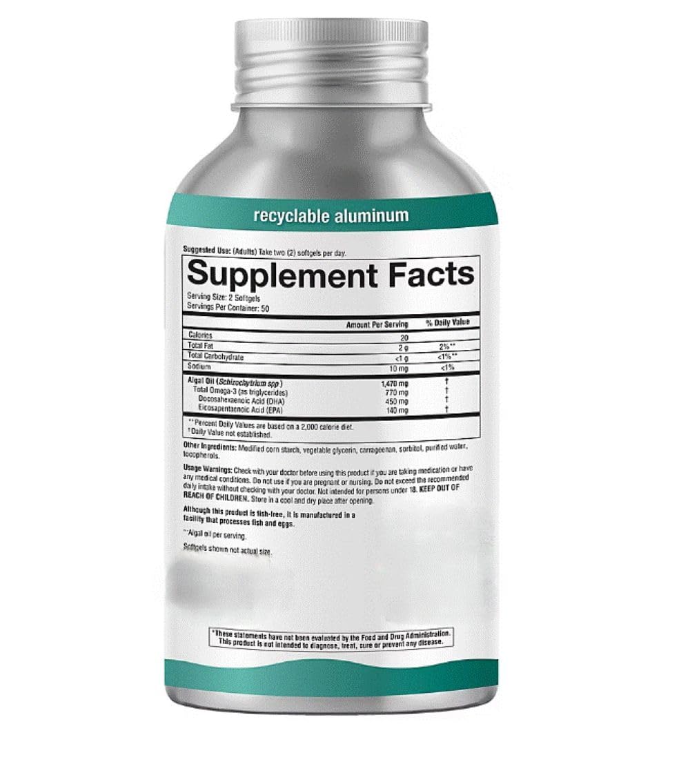Generic Omega Algae Oil Omega-3 Supplement Ocean-Friendly 1,470 mg Plant-Based DHA & EPA 100 Softgels