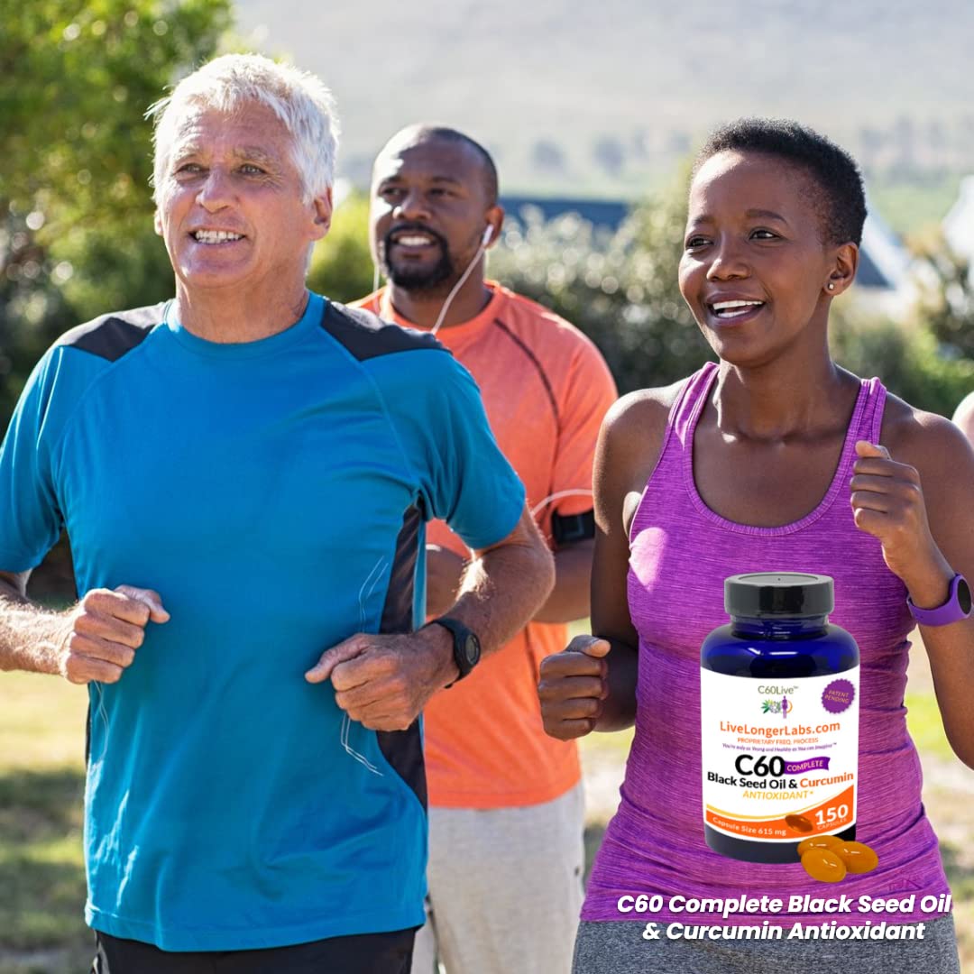 C60live C60 Complete - Carbon 60 (Fullerene) with Black Seed Oil & Curcumin Gel Capsules, 150 Count