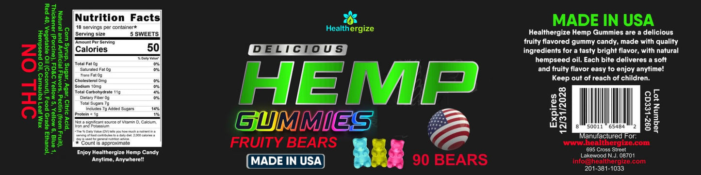 Healthergize Hemp Gummies for Sleep and Relaxation - Natural Hempseed Oil Omega 3 6 9, 90 Count