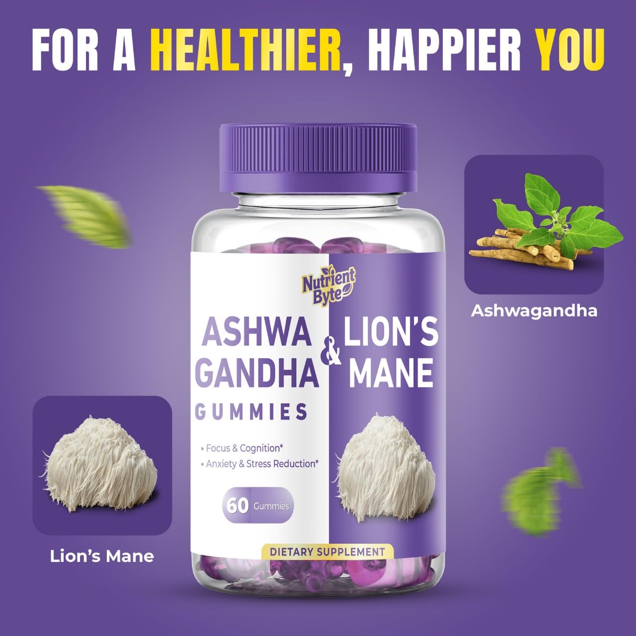 Nutrient Byte Lionemane and Ashwagandha Gummies Adaptogenic Mushroom Blend with Rhodiola, Bacopa & Holy Basil – Brain, Mood & Immune Support for Adults – Vegan – 60 Gummies