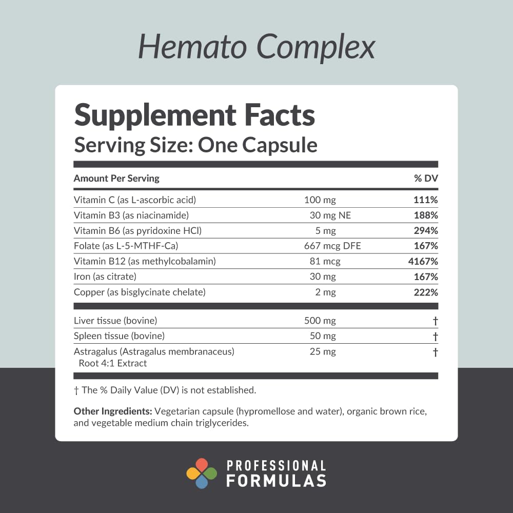 PROFESSIONAL COMPLEMENTARY HEALTH FORMULAS Hemato Complex – Comprehensive Blood Support with Liver & Spleen Glandulars, Iron, B Vitamins, Folate & Astragalus – Promotes Red Blood Cell Formation & Energy, 60 Capsules