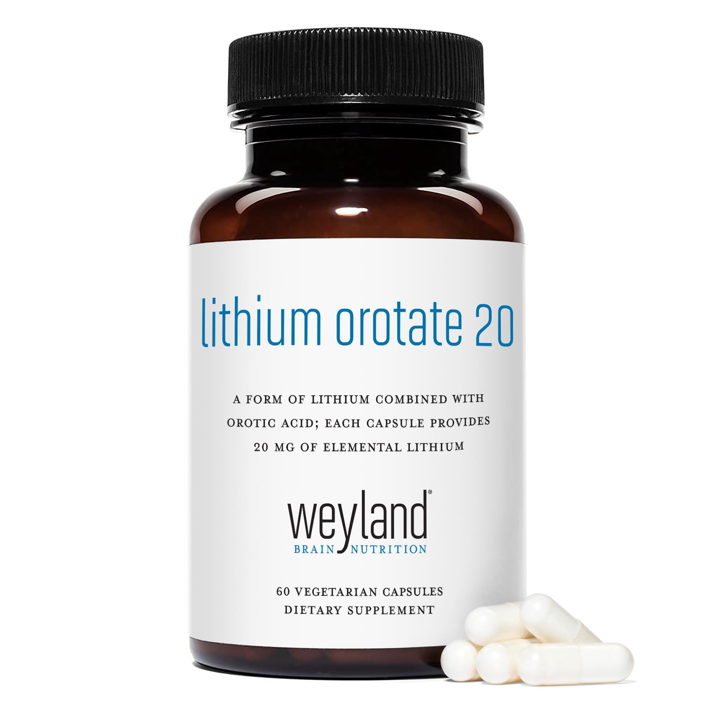 Weyland Brain Nutrition Lithium Orotate 20mg Elemental Lithium Capsules, 60 Count
