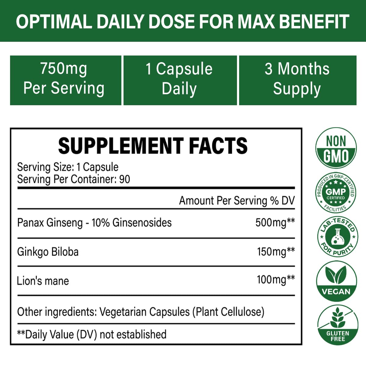 NooHerbal Nature Panax Ginseng (10% Ginsenosides), Ginkgo Biloba & Lions Mane - 750mg Nootropic Brain Support, 90 Capsules