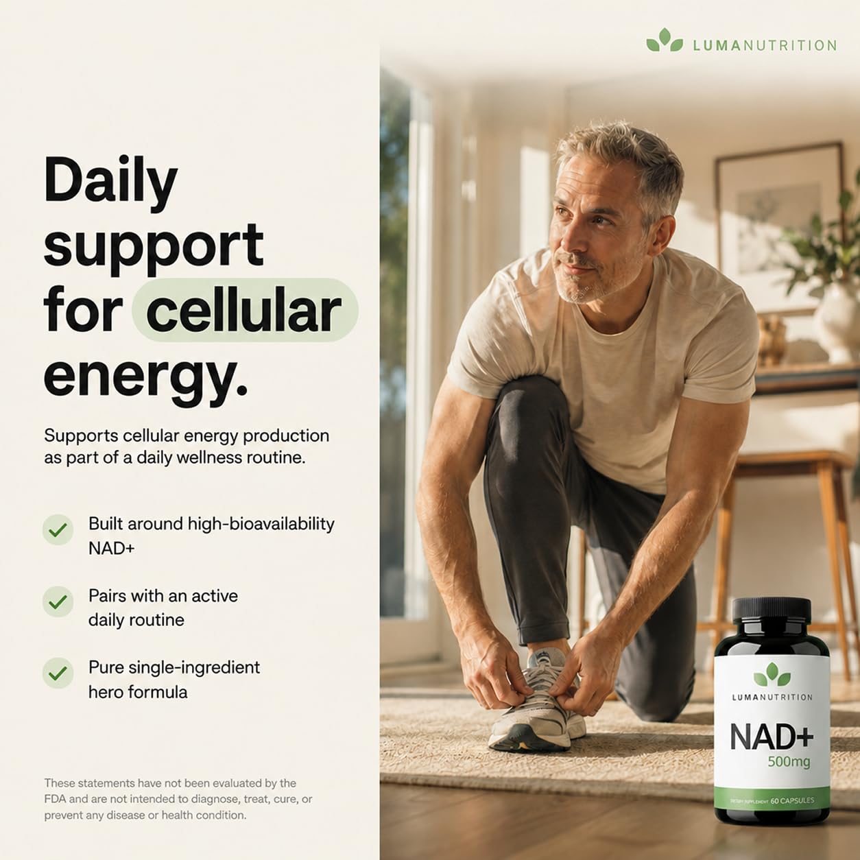 Luma Nutrition NAD+ Supplement 500mg per Serving (250mg per Capsule) 60 Capsules