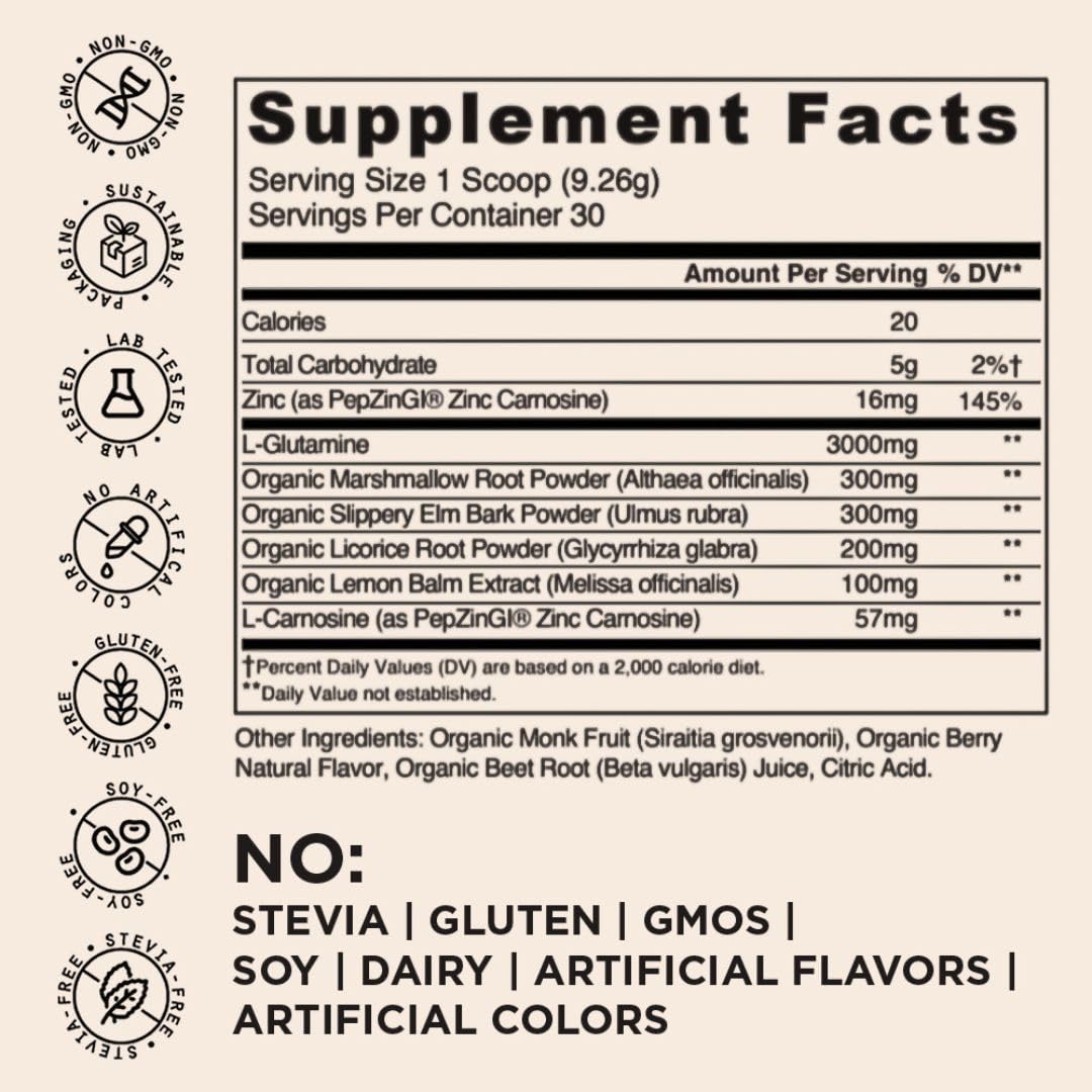 HOLISS Daily Gut Health Powder 6-in-1 All Natural Supplement, Slippery Elm, L Glutamine, Lemon Balm with PepZinGI - Bloat & Gas Relief, GI Lining Repair, IBS Support - Mixed Berry, 30 Servings