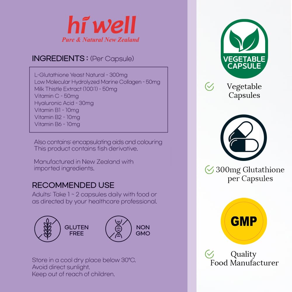 HI WELL PURE & NATURAL NEW ZEALAND Premium Glutathione with Marine Collagen Capsules 90 Count