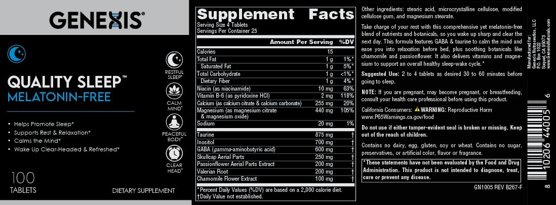 Genexis Melatonin-Free Sleep Support Tablets, 100 Tablets