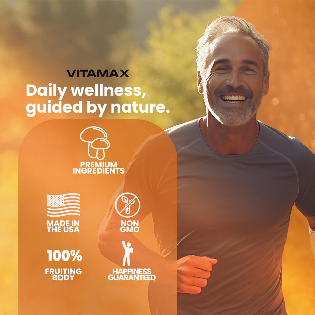 Vitamax Lions Mane Mushroom, Turkey Tail, Chaga & Reishi, Cordyceps Shiitake White Elm King Trumpet Nameko Oyster Porcini Focus & Energy Gummies, 60 Count
