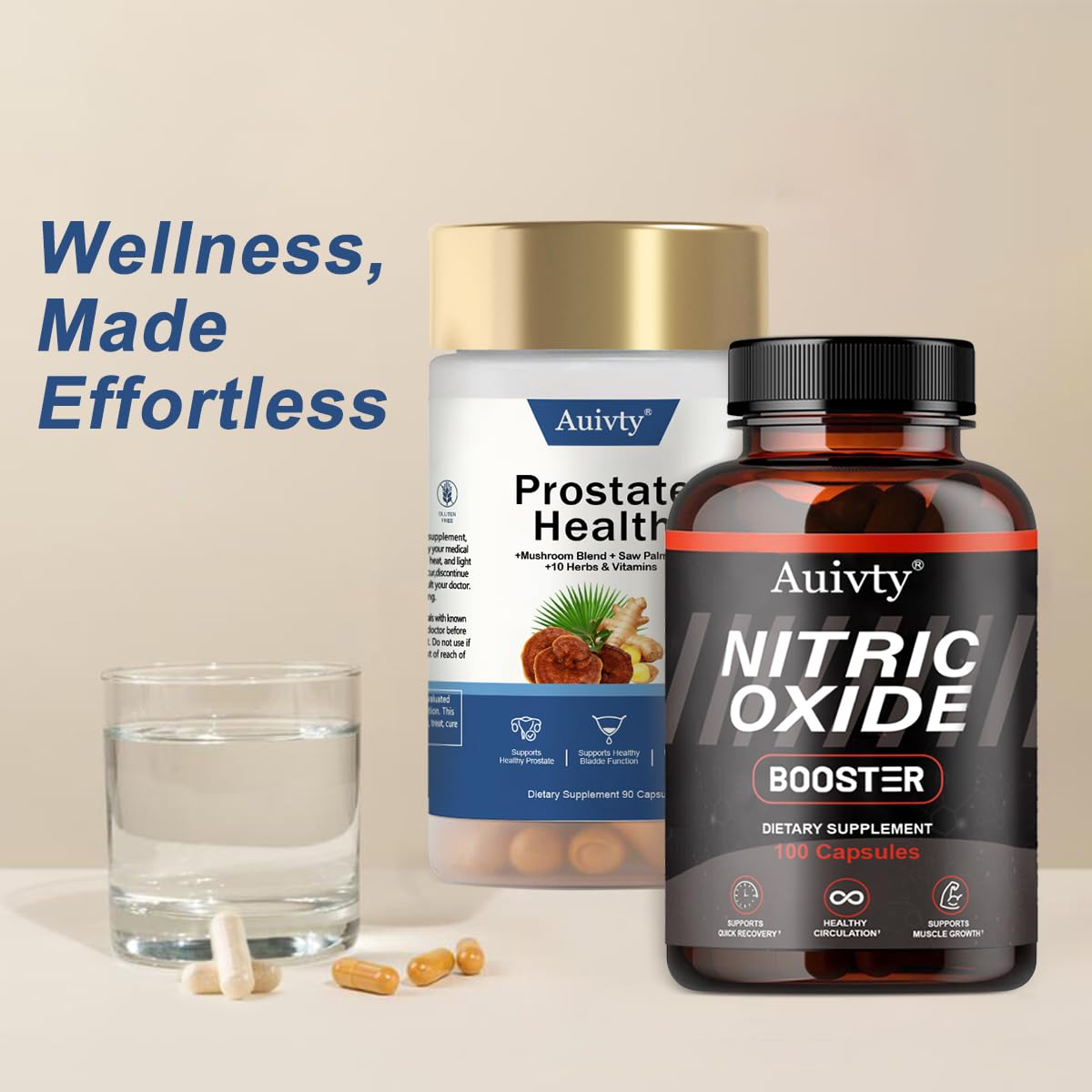 Auivty Prostate Health and Nitric Oxide Booster Bundle with Saw Palmetto Mushroom Blend, 190 Capsules
