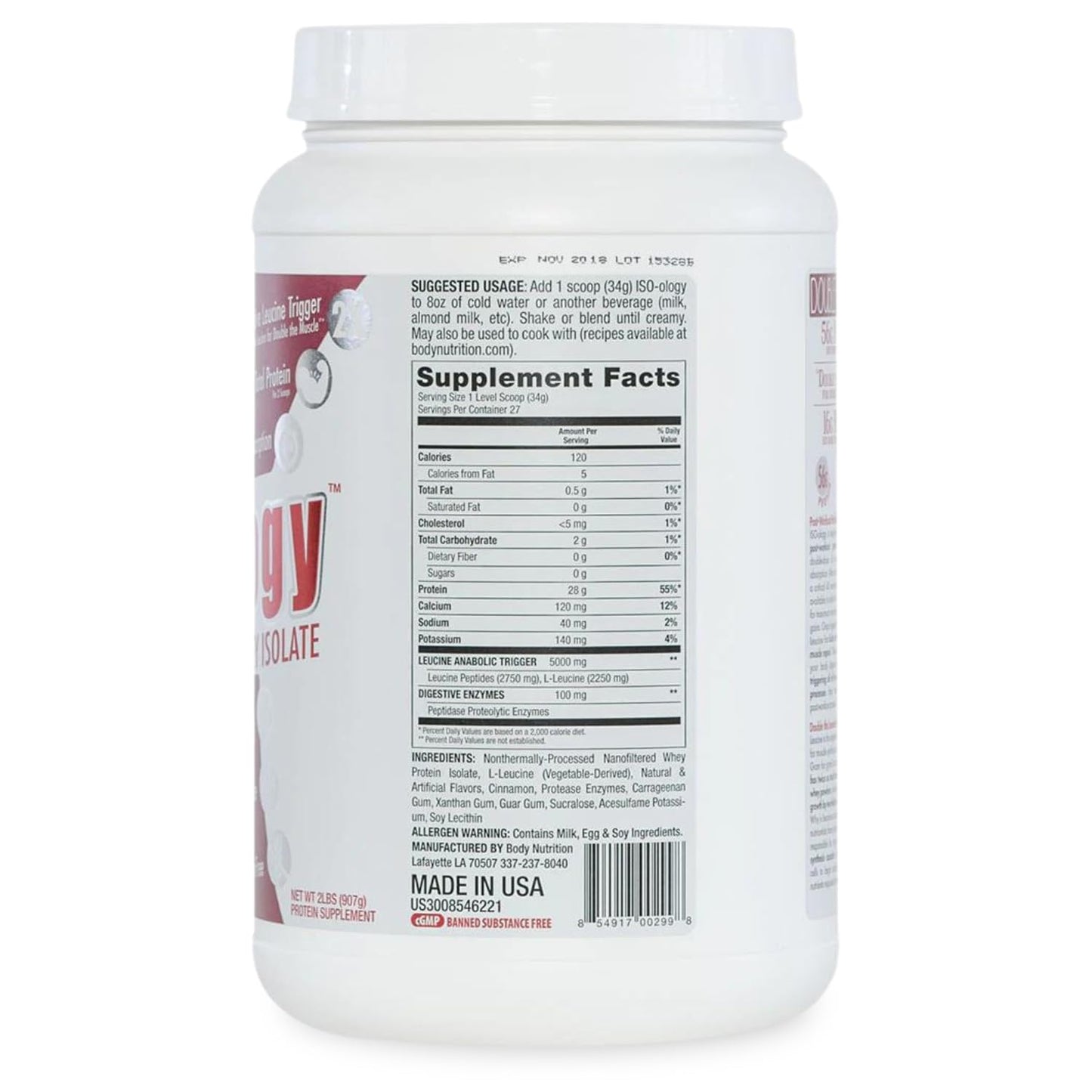 Body Nutrition ISO-Ology Leucine-Enhanced Whey Isolate Protein Powder, 2 lb, 32