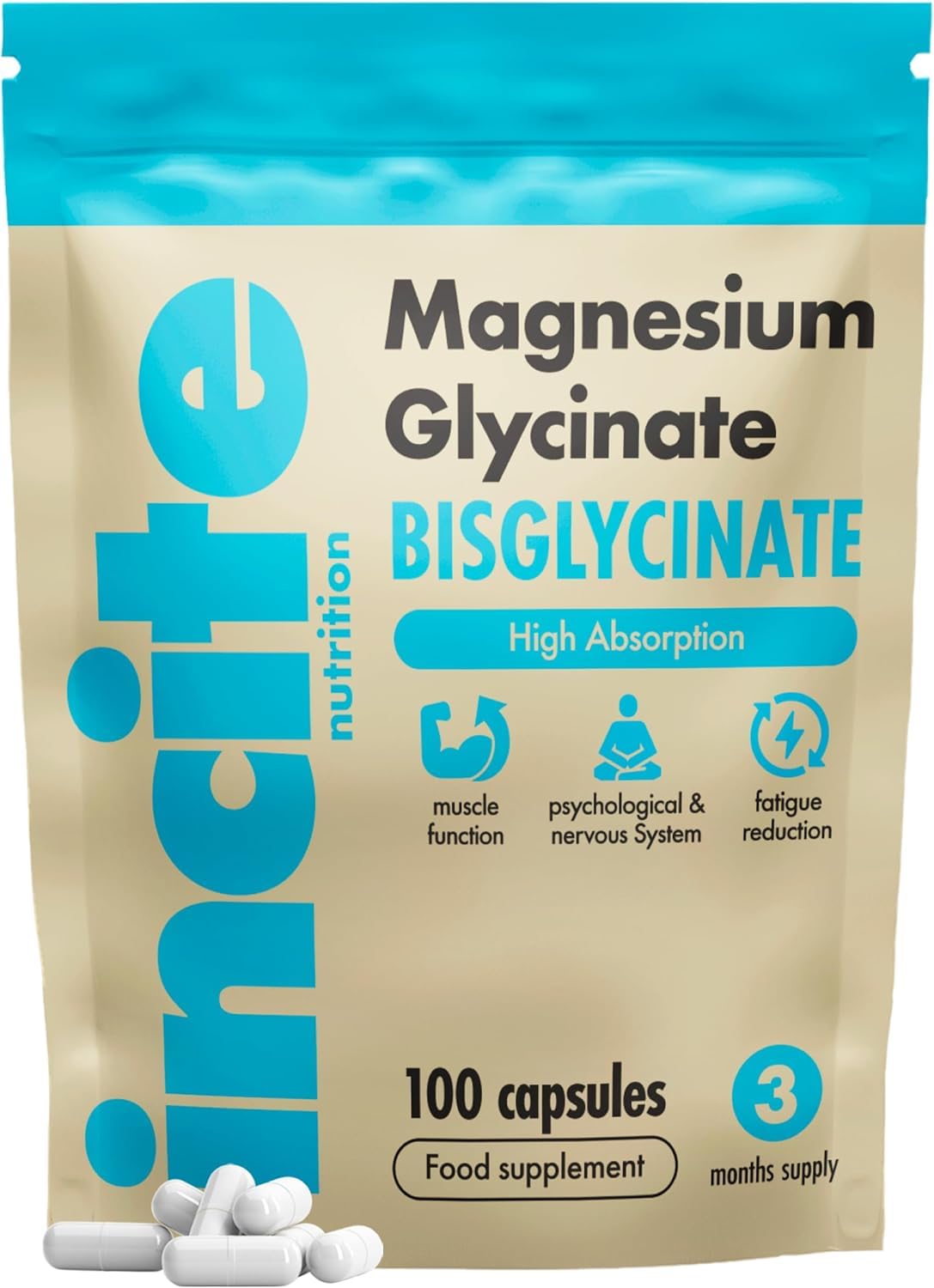 Incite Nutrition Magnesium Glycinate 500mg Capsules, 100 Count