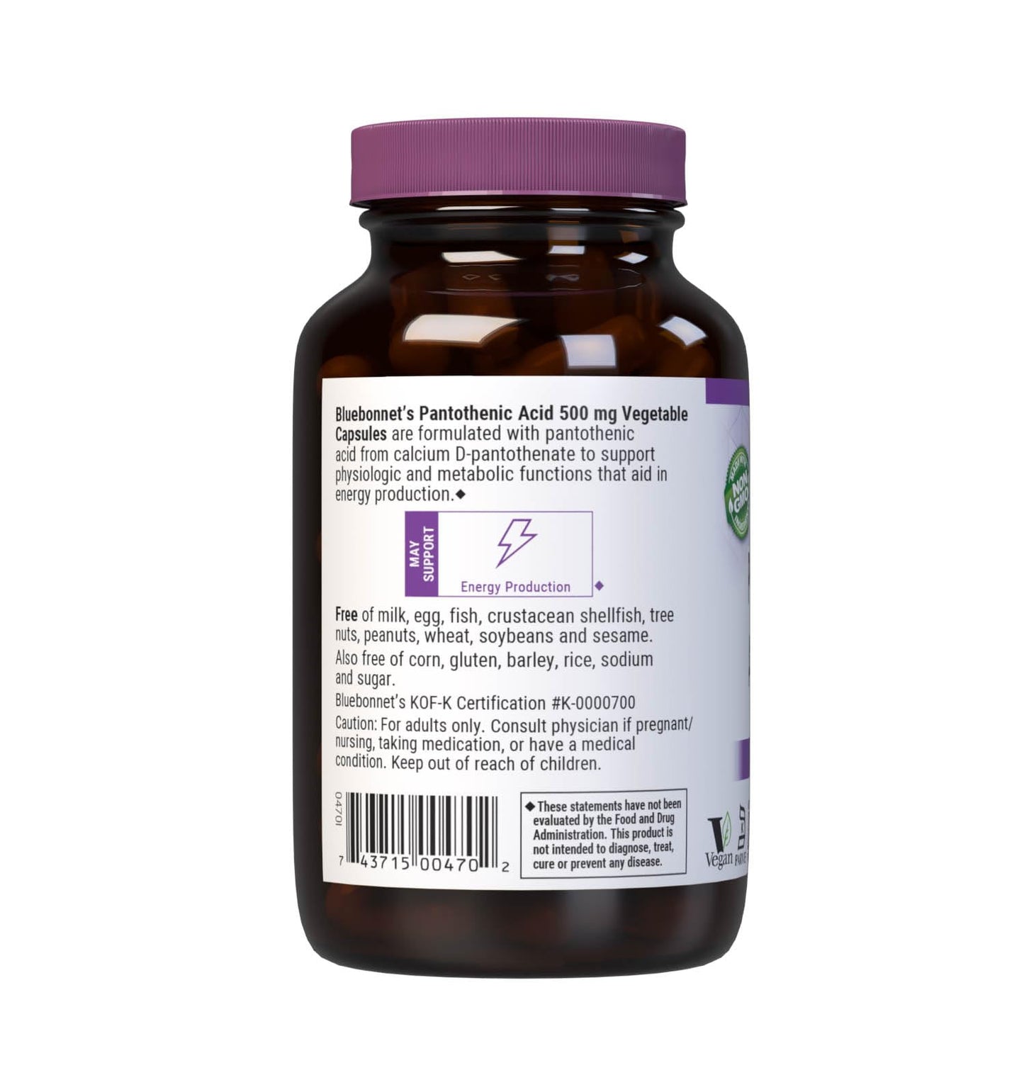 BlueBonnet Pantothenic Acid 500 mg Vegetable Capsules, 90 Count