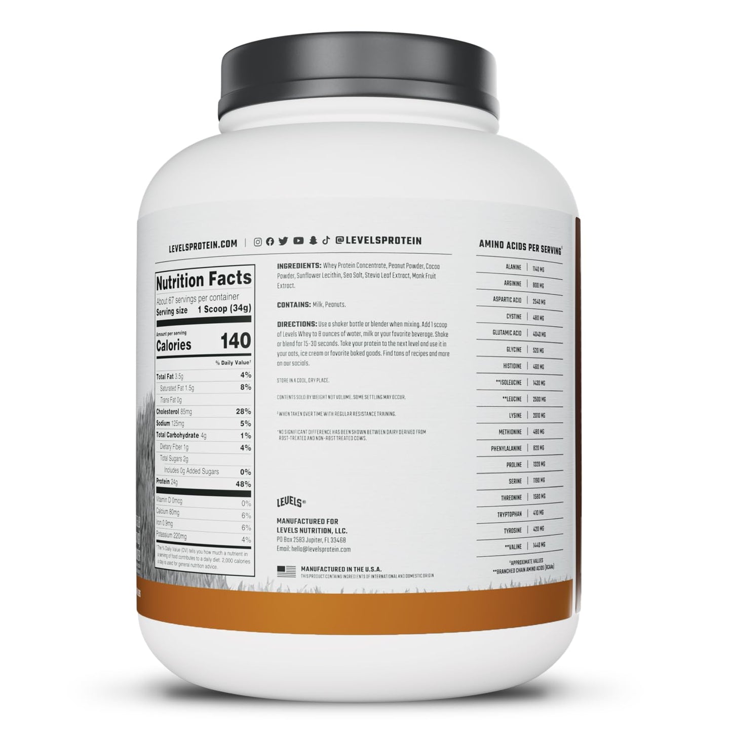 Levels Nutrition Grass Fed Whey Protein Powder, Chocolate Peanut Butter, 5 lb, 80 Servings