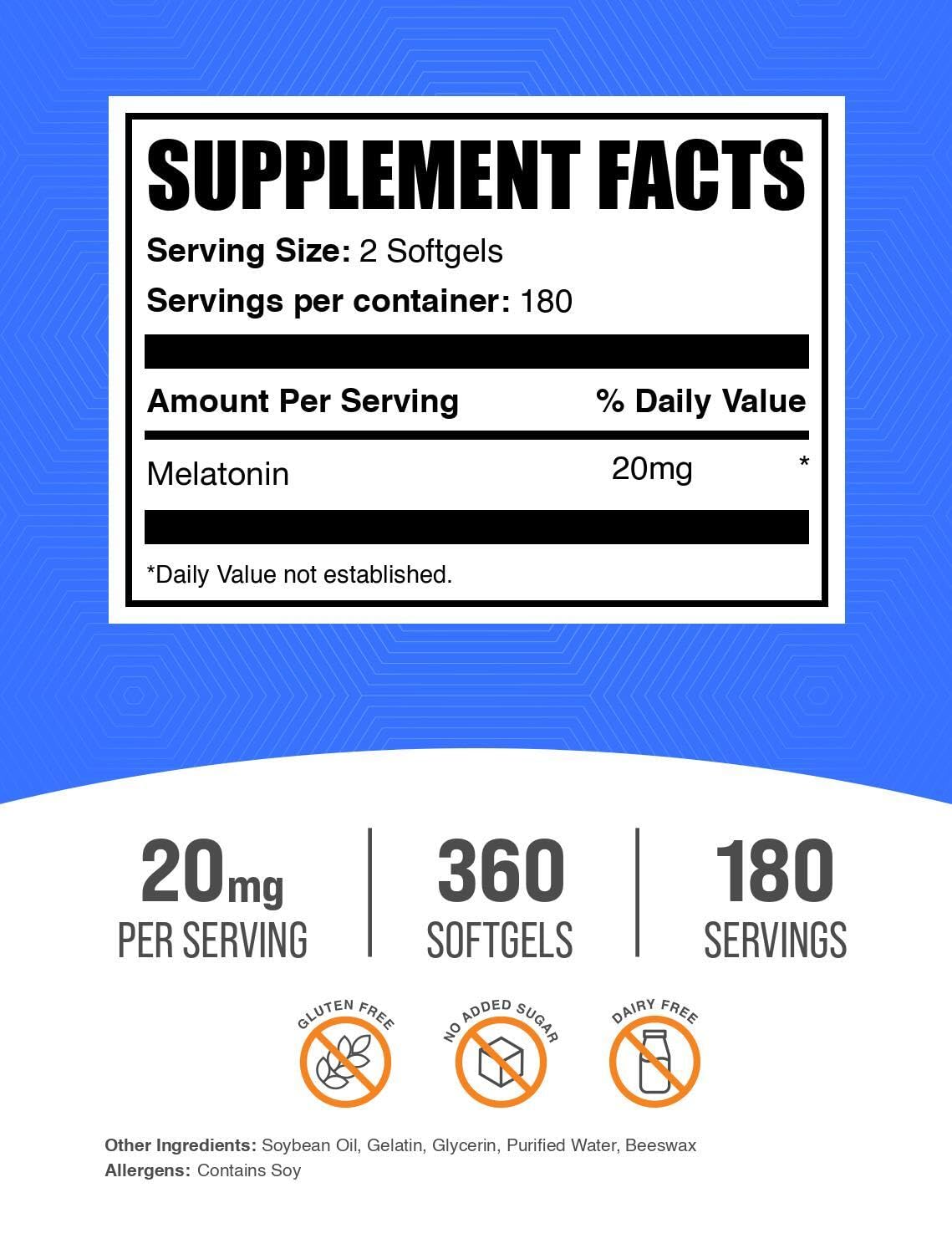 BulkSupplements Melatonin 20mg Softgels 360 Count