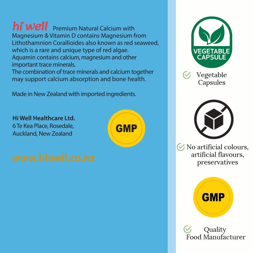 Hi Well Pure & Natural New Zealand Premium Natural Calcium with Magnesium & Vitamin D 120 Capsules