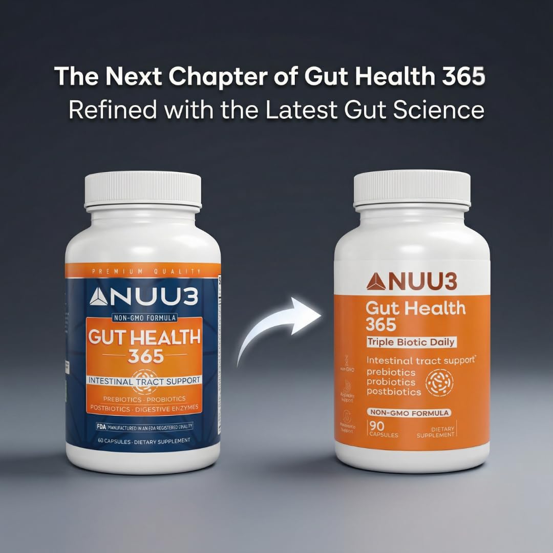 NUU3 Gut Health 365 Digestive Enzymes & Probiotic Supplement - Bloating & Digestion Relief - Supports Gut Microbiome & Immune Function, 90 Capsules