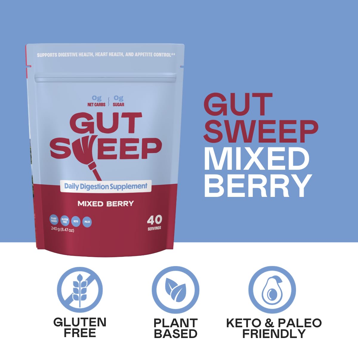generic Gut Sweep Psyllium Husk Powder 8 oz Daily Digestion Supplement Gluten Free & Plant Based Keto & Paleo Friendly Mixed Berry