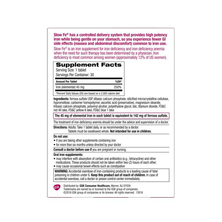 Slow Fe Iron Supplement 45mg Tablet 30 Count