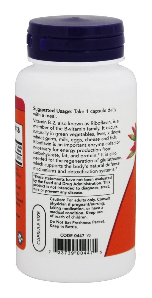 NOW Foods Vitamin B2 Riboflavin 100 mg Capsule, 100 Capsules