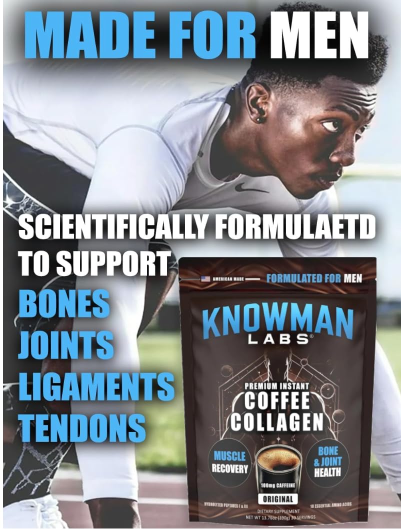 Knowman Labs Premium Collagen for Men – Coffee-Infused, Bone & Joint Support, Powder, 10.6 oz
