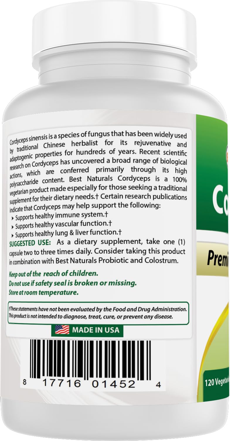 Best Naturals Cordyceps Sinensis Mycelium Mushroom Powder 750 mg Capsules 120 Count