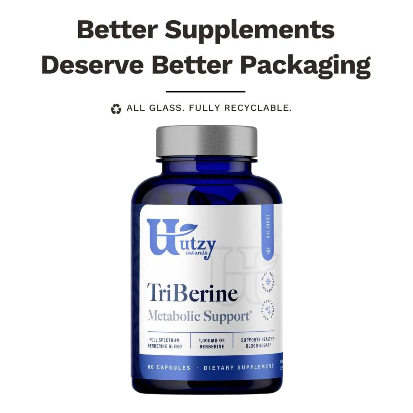 Utzy Naturals Berberine 1,000 mg Triple Source Full Spectrum Blend Indian Barberry + Coptis + Oregon Grape Root, 60 Capsules