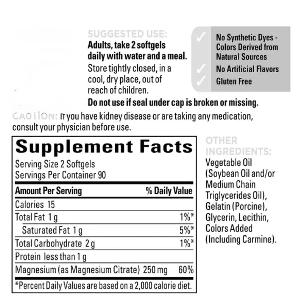 Generic Nature Magnesium Citrate High Absorption Magnesium Citrate Supplement, 250mg per Serving, 180 Softgels