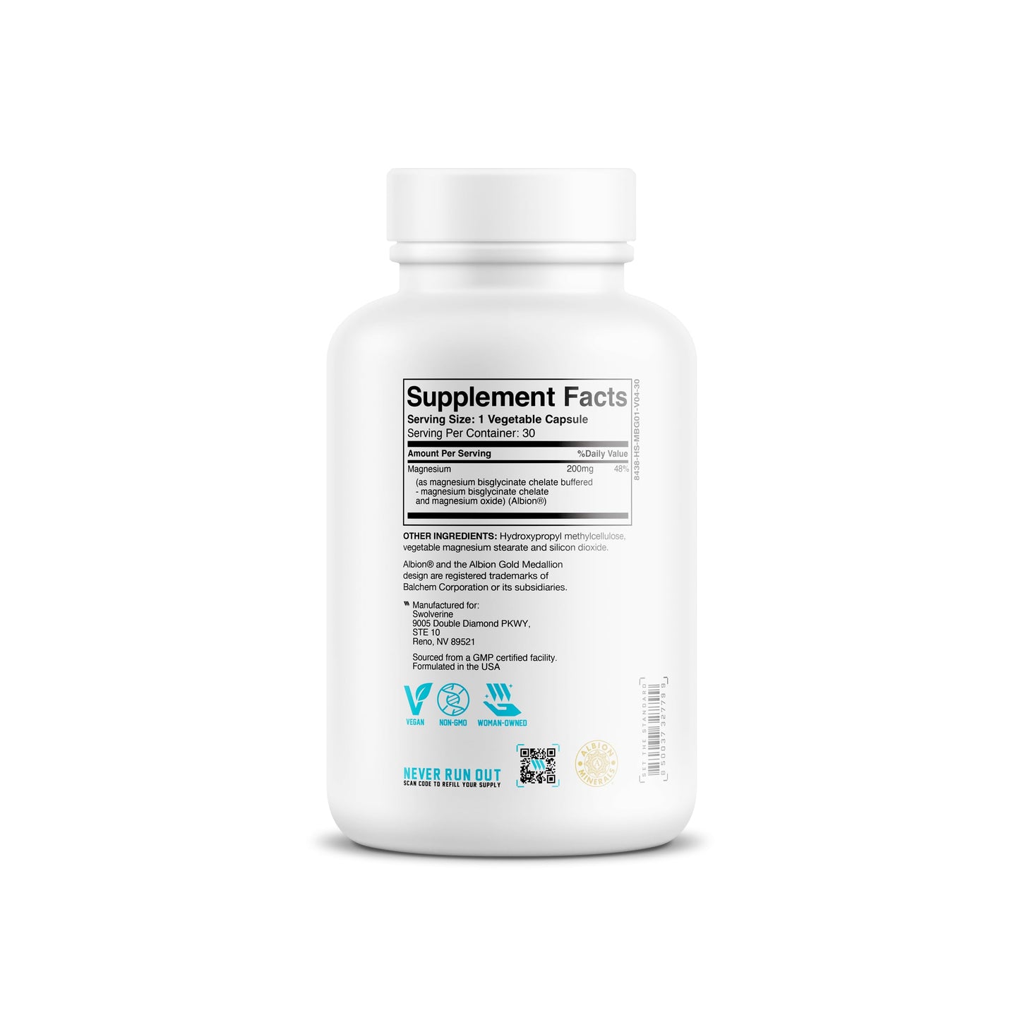 Swolverine Magnesium Bisglycinate 200mg Capsules, 30 Servings