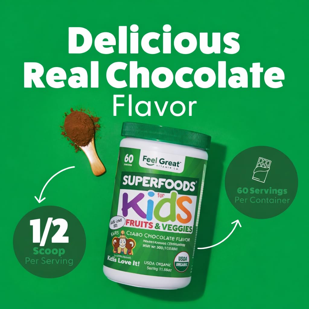 The Feel Great Vitamin Company Feel Great USDA Organic Super Greens Powder for Kids - Cocao Chocolate, 10.6 oz