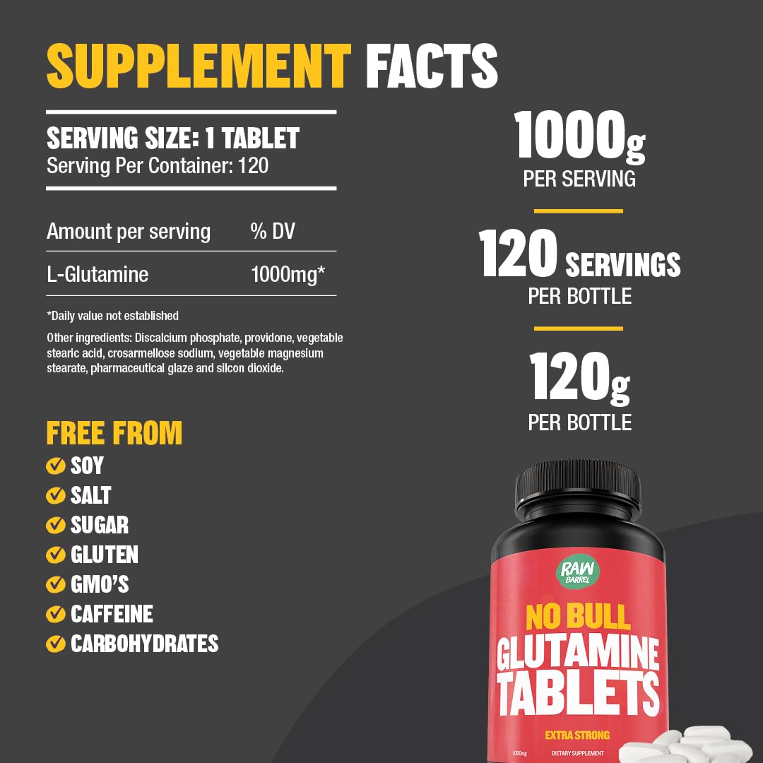 Raw Barrel L-Glutamine Tablets, 120 Count