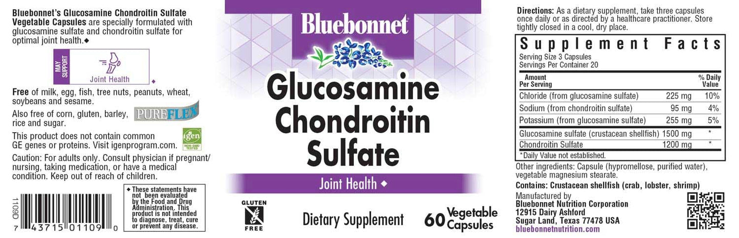 BlueBonnet Glucosamine Chondroitin Sulfate Supplement Capsules, 60 Count