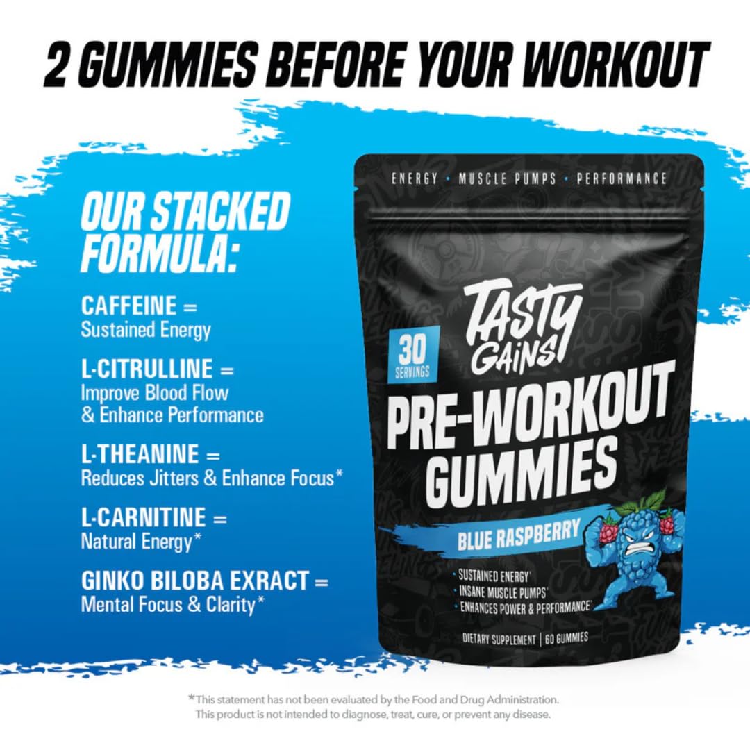 TASTY GAINS Pre-Workout Gummies, 60 Count