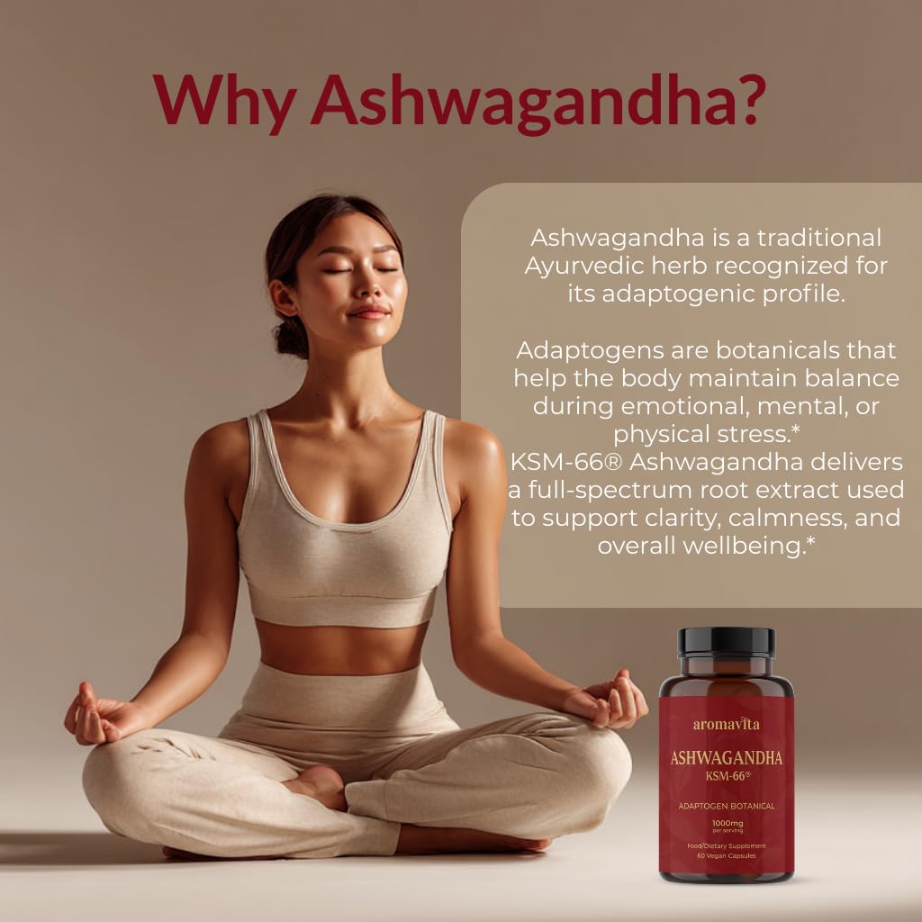 AROMAVITA Ashwagandha Capsules 1000mg KSM-66 Daily Dose, 1 Count