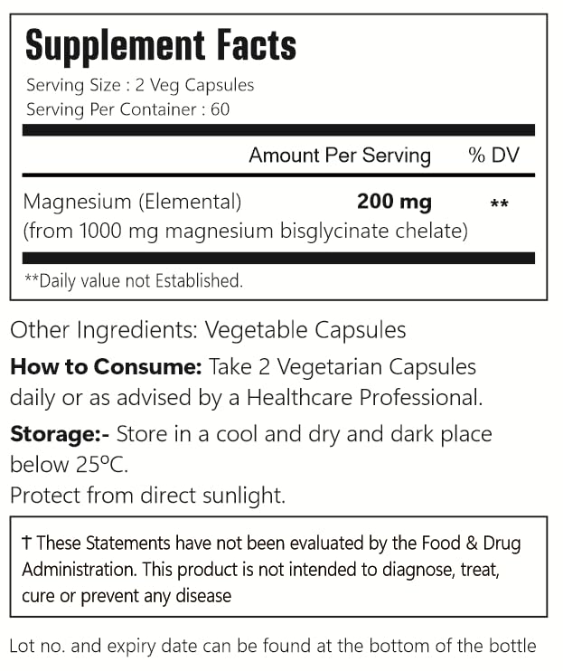 VitaCosmoX Chelated Magnesium Bisglycinate 200mg Capsules, 120 Count