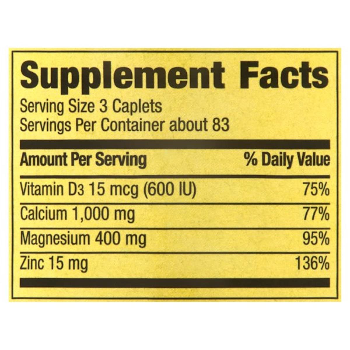 Spring Valley Calcium Magnesium and Zinc, Plus Vitamin D3 Caplets 250