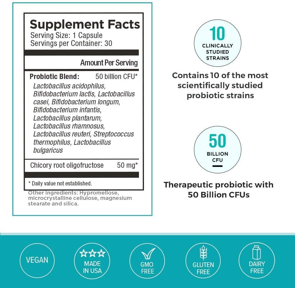 Omax3 Probiotic & Prebiotic 50B CFU for Gut Health & Digestive Support, 90 Capsules