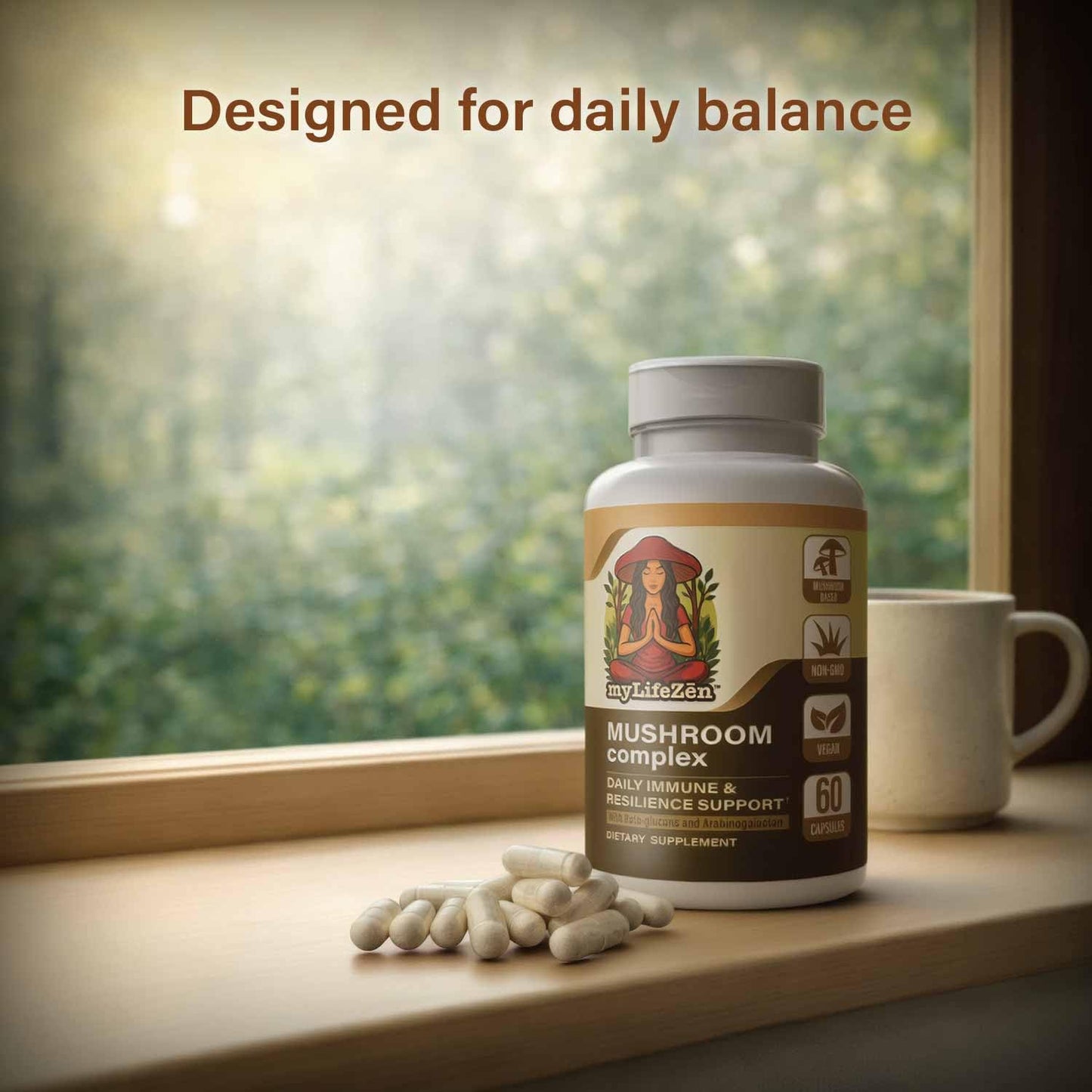 MyLifeZen 7 Mushroom Complex Organic Mushroom Mycelium Blend with Lion's Mane, Reishi, Chaga, Turkey Tail, Maitake, Shiitake & Cordyceps, 60 Capsules
