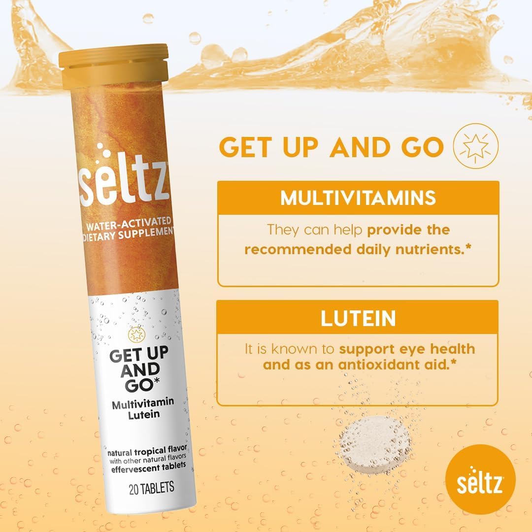 Seltz Get Up and Go – Effervescent Multivitamin with Lutein for Daily Energy, Eye Health & Antioxidant Support – Tropical Flavor, 120 Tablets
