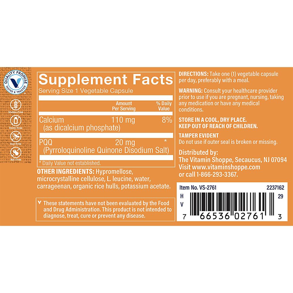 The Vitamin Shoppe PQQ (Pyrroloquinoline Quinone Disodium Salt) - Mitochondria & Cognitive Support - 20 MG Capsule, 60 Count