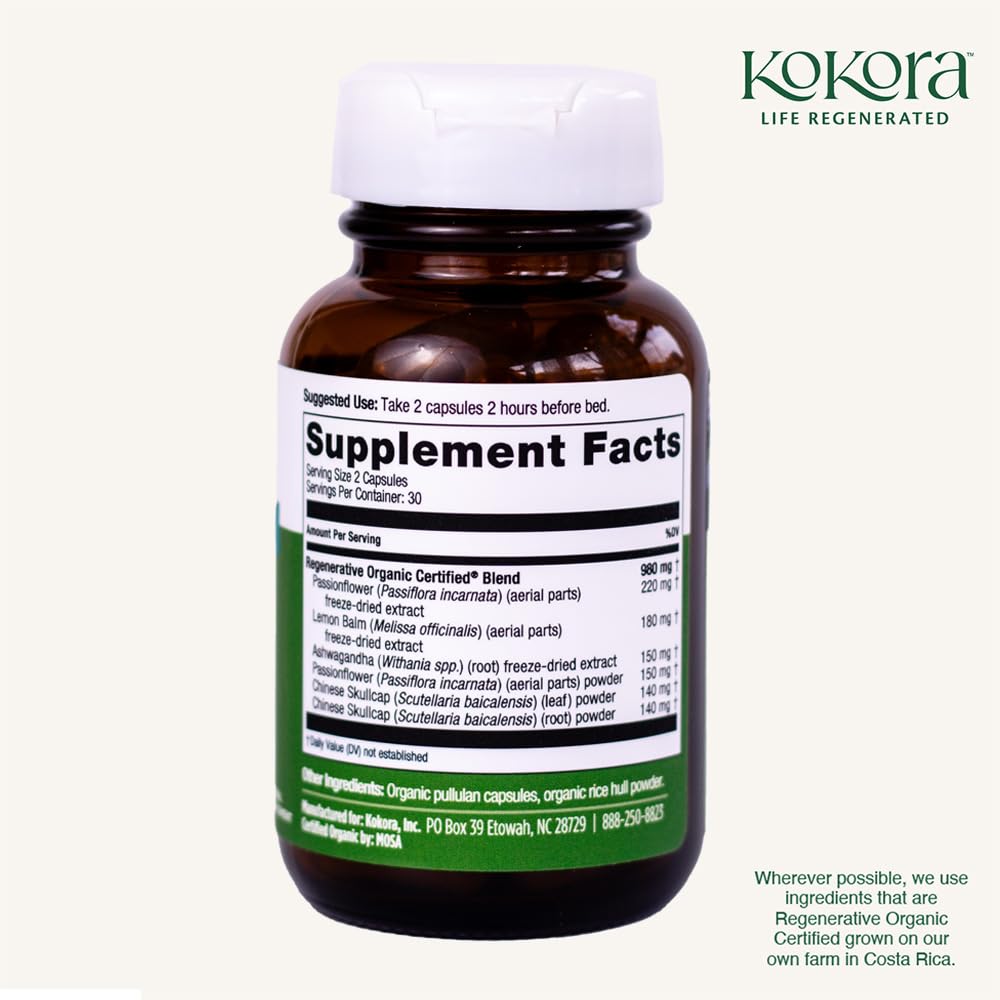 kokora Regenerative Sleep - Regenerative Organic Certified - Supports Restful, Quality Sleep, Relaxation* - Adaptogen Blend w/Lemon Balm & Passionflower - Vegan & Non-GMO, 60 Capsules