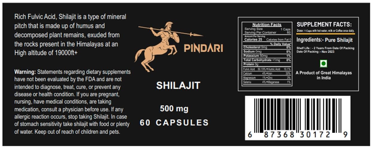 Pindari Shilajit Resin Pure Shilajit 500mg Capsule, 60 Capsules