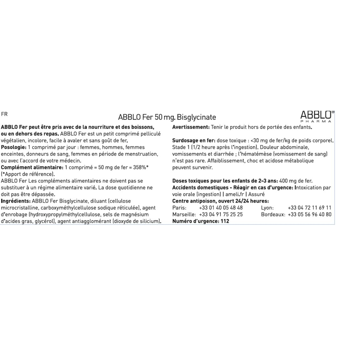 ABBLO PHARMA Iron Bisglycinate 50mg Tablet, 100 Count